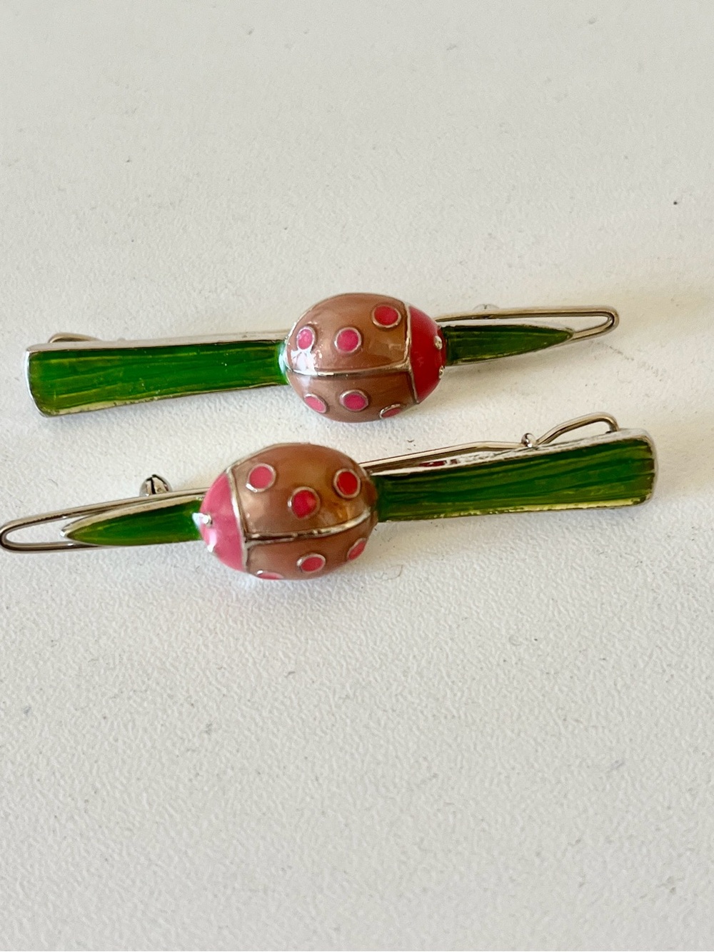 Enamel Ladybug Hair Clips in Pink and Green (Pair)